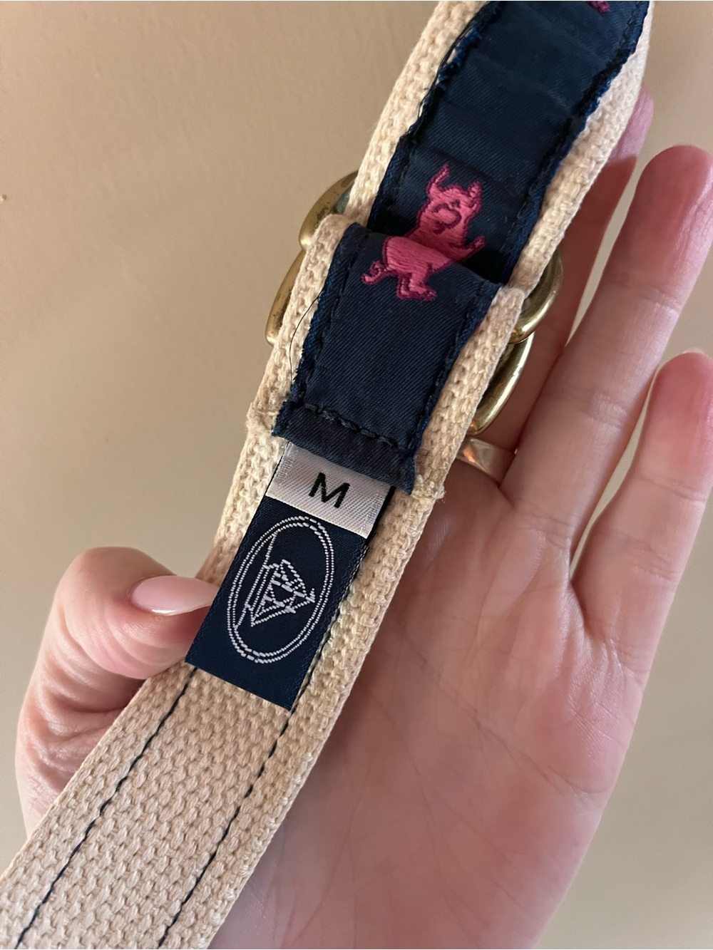 Leather Man Essex CT Canvas Belt with Navy  Ribbon & Pink Pig Embroidered Detail